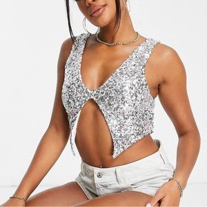 Sequin Silver split front cami top